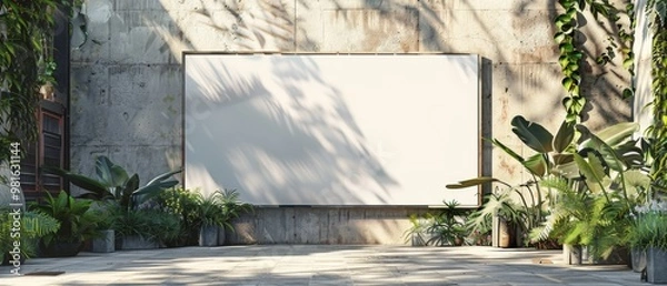 Obraz Mockups billboard of Malls, Modern Buildings, White billboard on spring summer green leaves background.