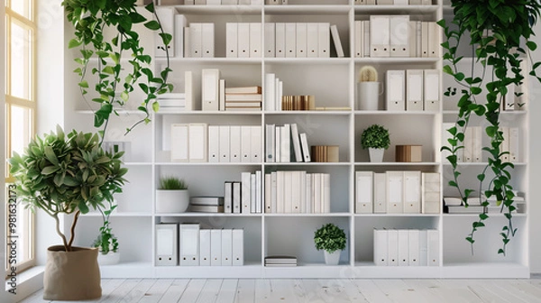 Fototapeta White bookshelf with plants and folders against the wall