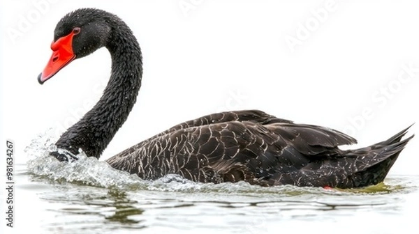 Fototapeta stunning black swan swims gracefully, its long neck arched beautifully in a serene moment on calm waters, capturing a sense of tranquility and elegance.