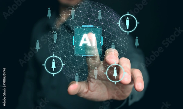 Obraz AI technology for HR, Human resources. A man uses artificial intelligence to manage and recruit employees. Automate the hiring process