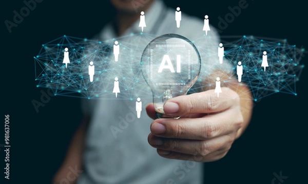 Fototapeta AI technology for HR, Human resources. A man holds lightbulb with artificial intelligence chip in it representing using Ai and automation to manage and recruit employees. Automate the hiring process