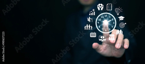Fototapeta Time management concept. Man taps on clock with time managing icons planning his life, business, work for productivity using technology