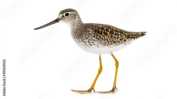 Fototapeta lesser yellowlegs stands gracefully in shallow water, displaying its elegant long legs and slender beak while surrounded by a tranquil environment.