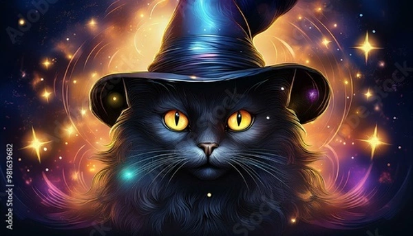 Obraz Witch’s black cat with glowing eyes casting a spell with magical sparkles