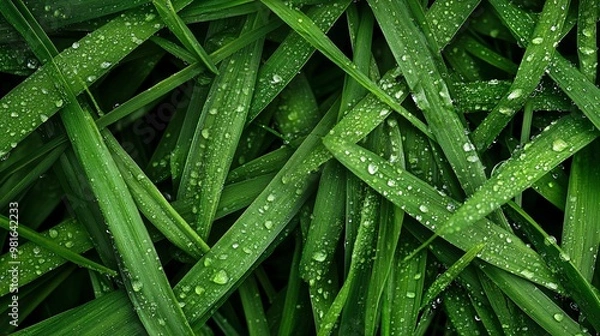 Obraz Close-up of Dew-Covered Green Grass Blades