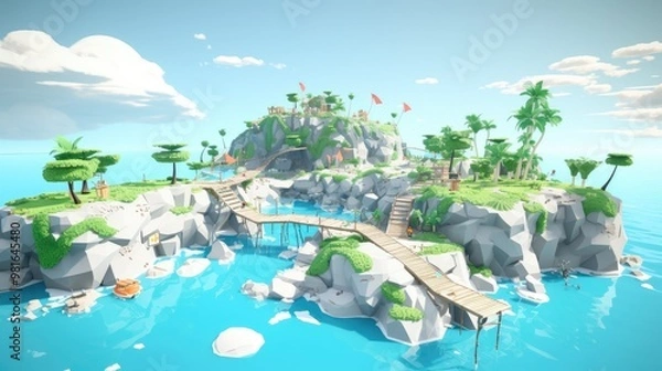 Fototapeta A whimsical island paradise with a wooden bridge connecting the rocky shores. Lush greenery and palm trees create a tropical escape.