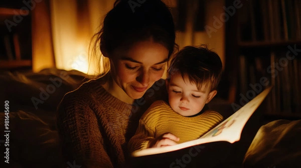 Fototapeta Intimate scene of a parent reading a bedtime story to a young child, with the warm glow of a bedside lamp