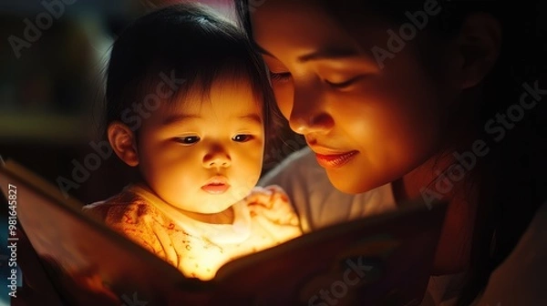 Fototapeta Intimate scene of a parent reading a bedtime story to a young child, with the warm glow of a bedside lamp