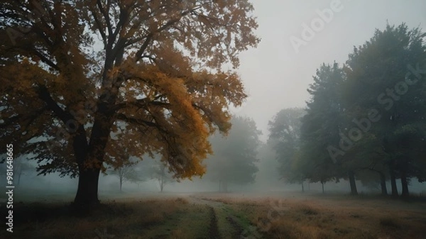Obraz Foggy autumn forest in the morning, filled with vibrant leaves and soft fall mist, forming a picturesque autumn woods landscape.