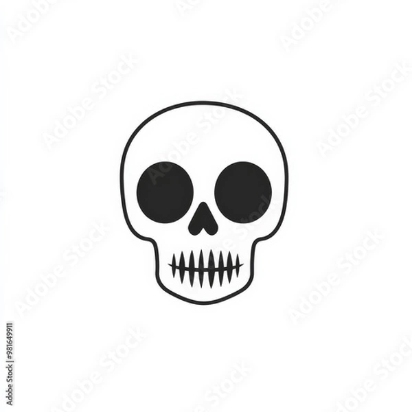 Fototapeta A spooky flat design of a skull with hollow eyes and a slight crack, drawn in simple black and white, centered on a clean white background.
