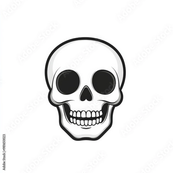 Fototapeta Classic flat design of a grinning skull with hollow eyes, rendered in simple white and black, centered on a crisp white background.