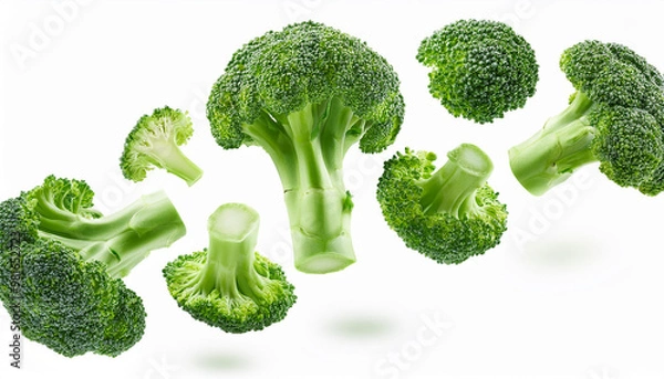Fototapeta Falling broccoli, isolated on white background, clipping path, full depth of field