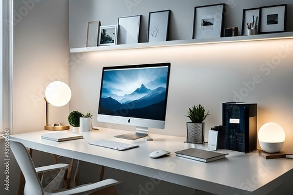 Fototapeta modern office interior with furniture, a modern study in a house, a white-toned room with a book and a desk
