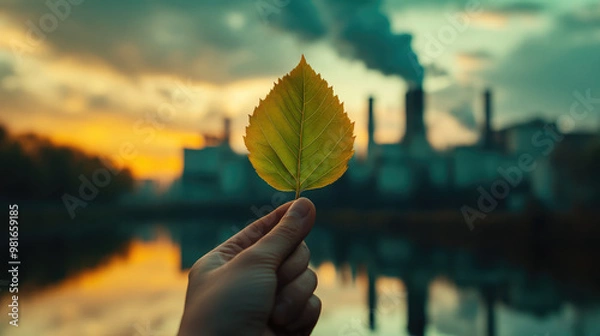Fototapeta Hand holding a vibrant green leaf, clear reflection of industrial pollution in the background, symbolizing the contrast between genuine environmental efforts and deceptive greenwashing