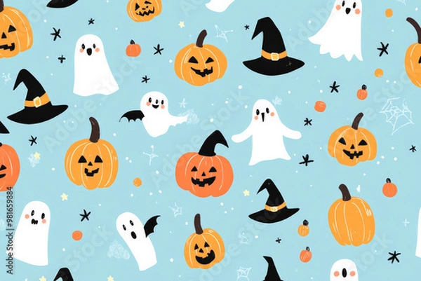 Fototapeta A cheerful Halloween pattern with tiny pumpkins, friendly ghosts, and cute little witches, scattered across a pastel blue background.