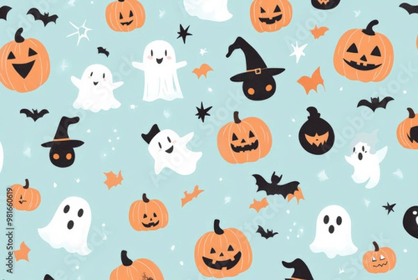 Fototapeta A cheerful Halloween pattern with tiny pumpkins, friendly ghosts, and cute little witches, scattered across a pastel blue background.