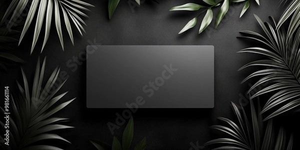 Fototapeta Elegant black card surrounded by tropical green leaves on a dark textured surface