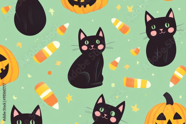 Fototapeta A happy Halloween pattern with smiling black cats, jack-o-lanterns, and candy corn floating across a pastel green backdrop for a playful look.
