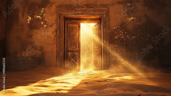 Fototapeta A mysterious doorway in a dry desert with a beautiful golden light coming in through the open door sunlight hope life after death afterlife rebirth new beginning mental health healing concepts 