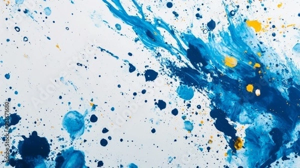 Fototapeta Splattered blue paint on white marble, vibrant abstract background generative ai