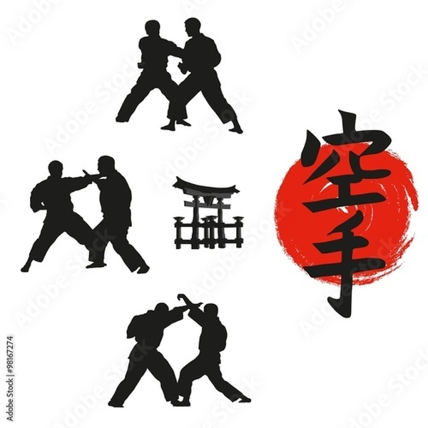Fototapeta Hieroglyph of karate and men demonstrating karate.