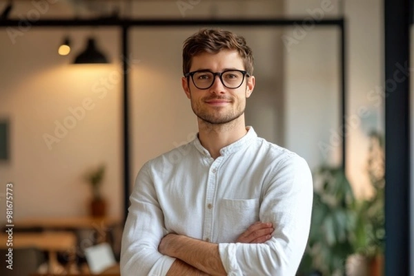 Fototapeta Portrait, glasses and business man with arms crossed in startup office for pride in career or job. Creative, face and confident professional entrepreneur, copywriter and employee coworking , ai