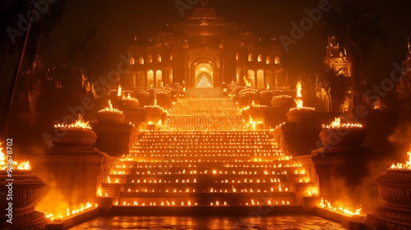 Fototapeta Temple and Diyas: A grand temple in the background with hundreds of diyas lighting up the steps, casting a golden glow