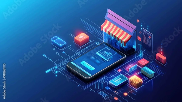 Fototapeta A smartphone and digital storefront are connected by glowing lines on a blue background,  representing online shopping and digital commerce.