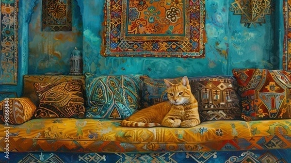 Fototapeta A ginger cat resting on a couch with patterned pillows and a rug
