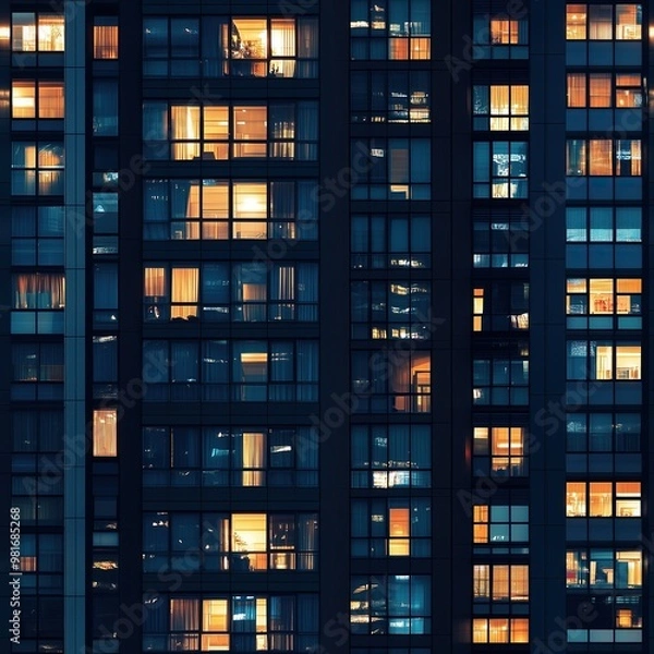 Fototapeta Seamless pattern of skycraper or office building windows at night - tiles, texture