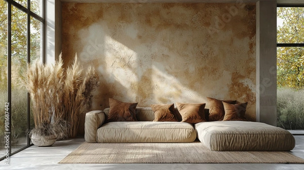 Fototapeta A modern living room with a large, sectional couch and a textured wall.