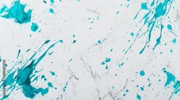 Fototapeta Splattered turquoise paint on white marble generative ai