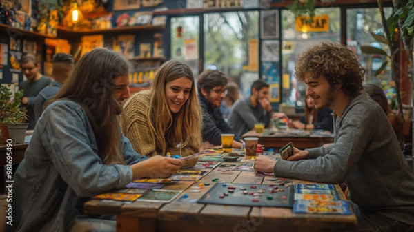 Fototapeta Game Night Laughter: Friends gather for a lively game night at a bustling pub, their smiles reflecting the joy of shared moments and friendly competition. 