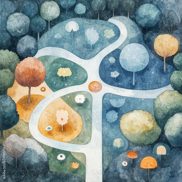 Fototapeta An abstract landscape with winding paths through colorful hills and trees, perfect for children’s books and sophrology stories.