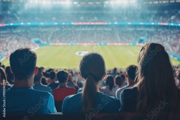 Fototapeta Shot of Empty Football Soccer Stadium. International Tournament Concept. A crowd of Fans Cheer on the Tribune. Beginning of Sports Final Game. Crowded Arena With Excited Supporters Waiting , ai