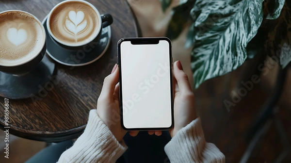 Fototapeta Woman in white sweater holds smartphone with blank screen in cafe with two cups of coffee.