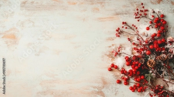 Fototapeta Christmas background with red berries, pine cones and snow on rustic wooden board.