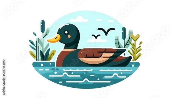 Fototapeta a duck swimming in lake, flat design of a duck swimmig in lake 