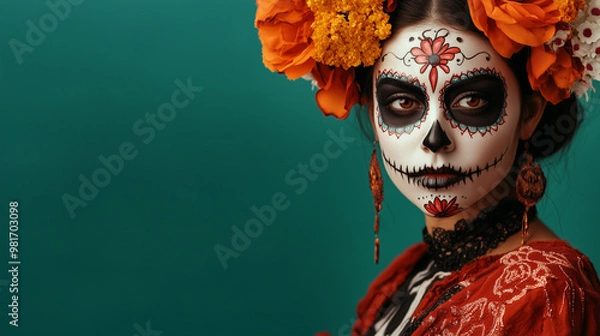 Fototapeta A woman dressed in traditional attire for Dia de los Muertos stands against a teal background, adorned with floral headpieces and striking sugar skull makeup, copy space