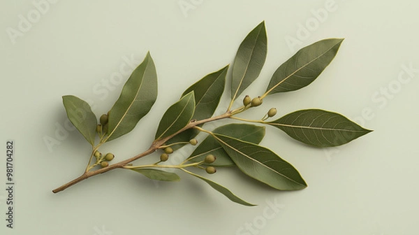 Fototapeta bay leaf  with bay leaves and berries against an isolated soft light gray background