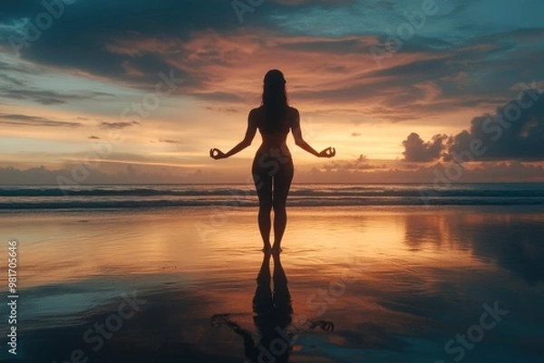 Fototapeta Silhouette lady practice yoga for healthy on the beach with twilight sky background , ai