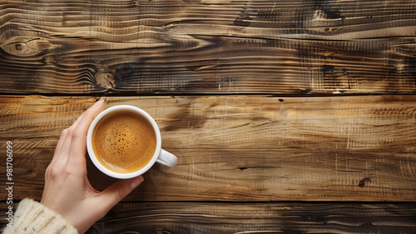 Fototapeta Top view of a hand holding a cup of coffee on a rustic wooden table, ideal for cozy or autumn-themed visuals.