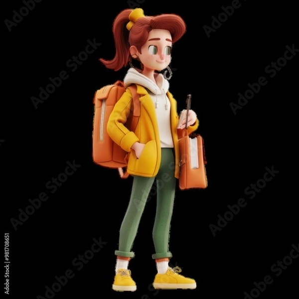 Obraz Animated character in casual wear with orange backpack