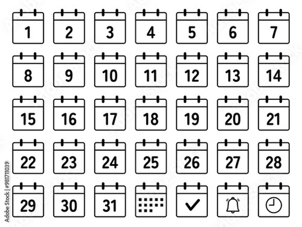 Fototapeta カレンダーアイコンセット（日付）、線幅修正可能