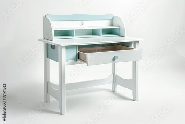 Fototapeta elegant white and light blue wooden kids study desk with bookshelf two tier isolated on white background 