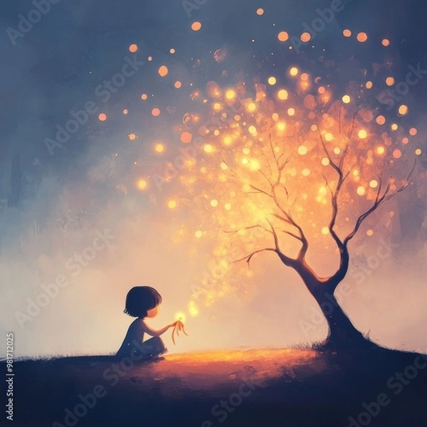 Fototapeta A child sits beside a glowing tree, its branches illuminated by soft, golden lights. Perfect for children's books, sophrology, and storytelling.