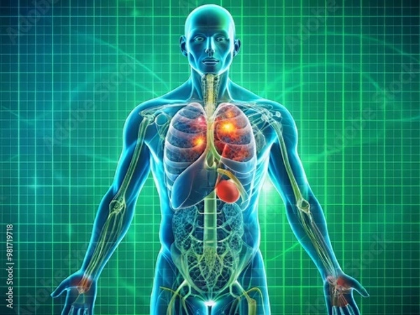 Fototapeta Accurate and detailed illustration of a human body with labeled organs and systems affected by chronic diseases such as diabetes and cardiovascular disease in a stylized anatomical 