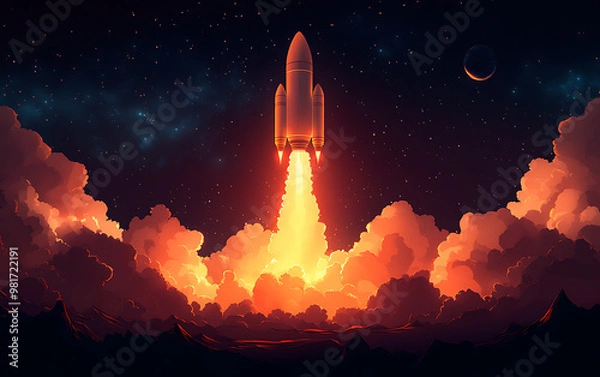 Fototapeta Launchpad Success: Rocket and Startup City Banner