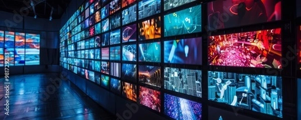 Fototapeta Wall of televisions displaying various colorful broadcasts