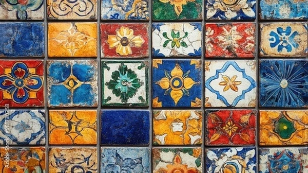 Fototapeta Patterned mosaic tile texture with colorful, intricate designs and a glossy finish